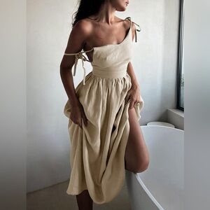 Commense Linen Blend Midi Dress S Tie Strap Beige Cottagecore Summer Flowy